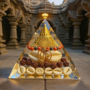 Golden Lakshmi Money Magnet Pyramid with Rudraksha, Shree Yantra, Gomti Chakra & White Kaudi