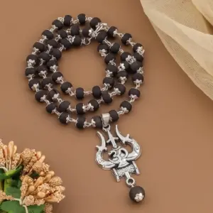 OM Shiva Trishool Silver Karungali Mala original| Black Ebony Wood Original Beads Wood Necklace